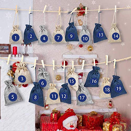 Calendario de Adviento para llenar Bolsa 24,Calendario de Adviento Navidad,Bolsa de Regalo Pequeña,Bolsas Pequeñas Navidad,Bolsitas de Tela Pequeñas, Bolsas de Yute para Rellenar con 1-24 Pegatinas