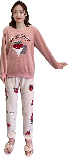 Amazon モリミ パジャマ レディース フランネルパジャマ ２点セット 長袖 かわいいパジャマ イチゴ柄 秋冬 モコモコパジャマ 上下セット フランネル ふわふわ 暖かい ゆったり 保温ルームウェア 部屋着 可愛い パジャマ ルームウェアセット 通販