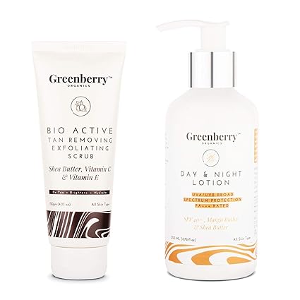 Greenberry Organics Bio-Active Tan Removing Exfoliating Scrub and SPF 40+ Day Lotion (UVA/UVB Protection with PA+++) - Combo
