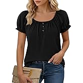 Tankaneo Womens Short Sleeve Shirts Puff Ruffle Sleeve Scoop Neck Pleated Tops Summer Casual Loose Fit Henley Shirt