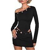 WDIRARA Women's Off The Shoulder Top Grommet Eyelet Long Sleeve Tee Shirts Asymmetrical Tops