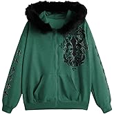 SOLY HUX Women's Zip Up Hoodie Streetwear Graphic Hoodies Y2K Jacket with Fur Collar 90s Outfits Gothic Scene Clothes