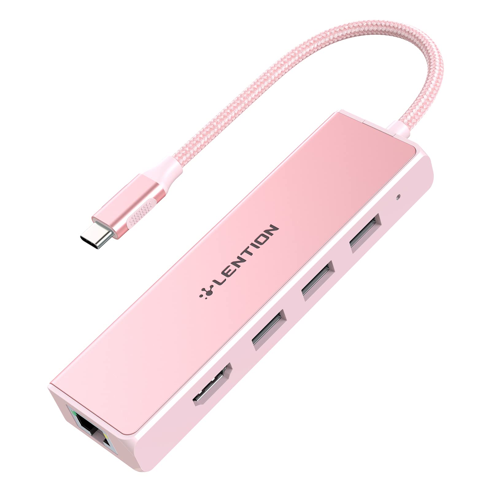 LENTION USB C Hub with Gigabit Ethernet Adapter, 4K HDMI, 3 USB 3.0 Dongle for 2025-2016 MacBook Pro, New Mac Air & Surface, Chromebook, More, Stable Driver Certified (CB-C25, Rose Gold)