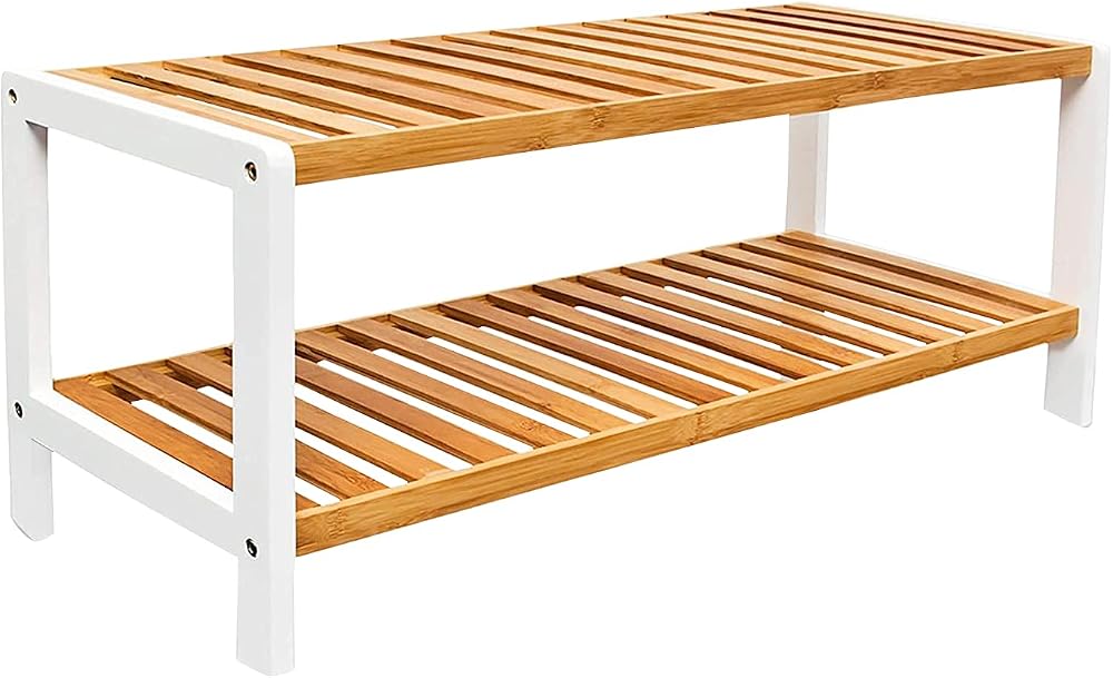 1ABOVE Bamboo 2 Tier Shoe Rack Plant Rack White Natural 67x25x32 cm