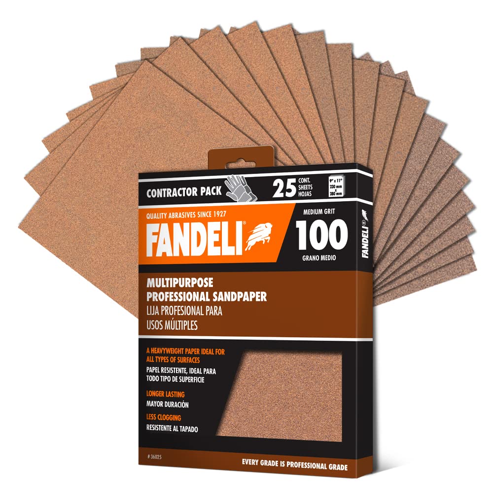 Fandeli | Multi-Purpose Sandpaper | 100 Grit | 25 Sheets of 23 x 28 cm | Ideal for Sanding Metal, Untreated Wood and Painted Surfaces