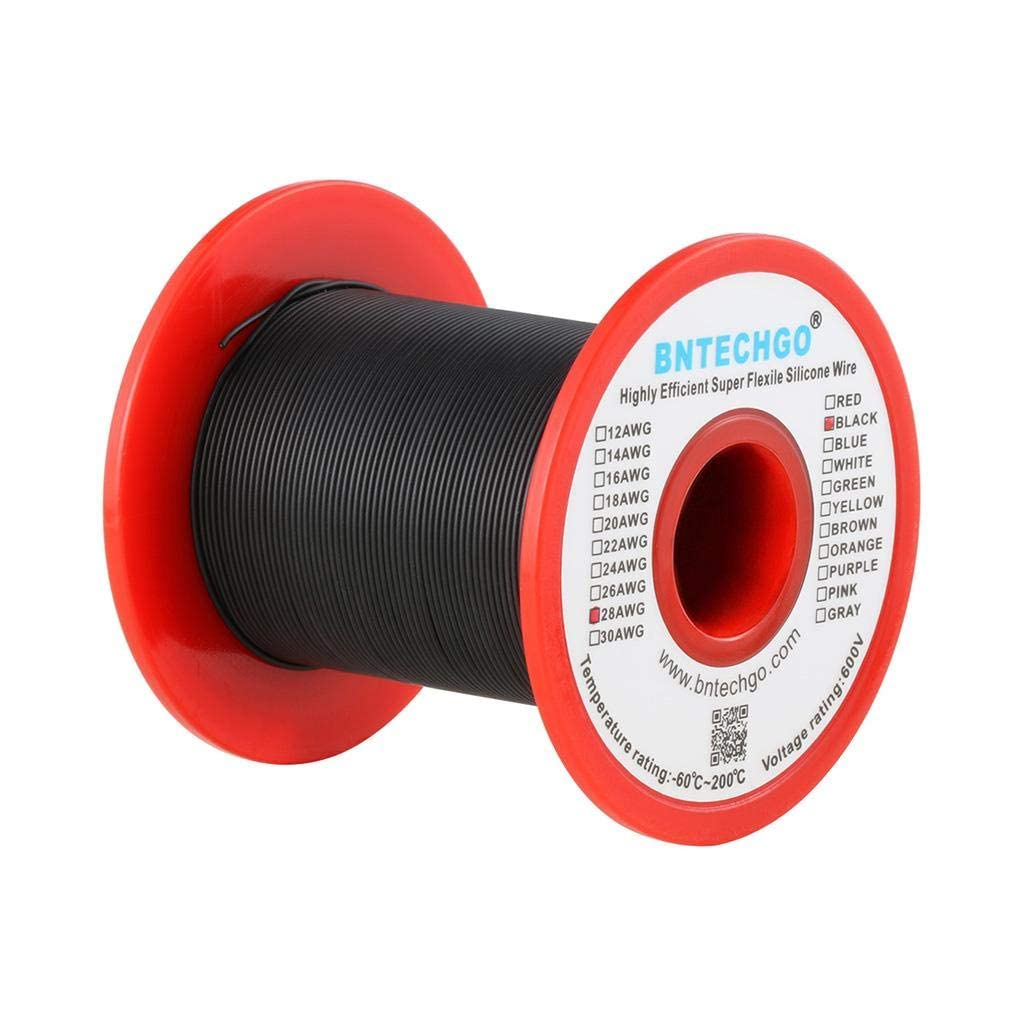 BNTECHGO 28 Gauge Silicone Wire Spool Black 250 ft Ultra Flexible High Temp 200 deg C 600V 28 AWG Silicone Rubber Wire 16 Strands of Tinned Copper Wire Stranded Wire for Model Low Impedance