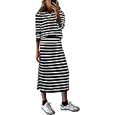 KLWCJFFF Women 2 Piece Outfits Striped Sweater Skirt Sets Fall Casual Long Sleeve Pullover Top Lounge Travel Midi Dress