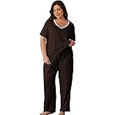 Givtzzod Plus Size Women Pajama Sets Short Sleeve Long Pants Solid Color Sleepwear V Neck Casual Lounge Sets Nighty