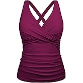Firpearl Women Underwire Tankini Top Only Twist V Neck Swimsuits for Big Busted Ruched Tummy Control Bathing Suits Top