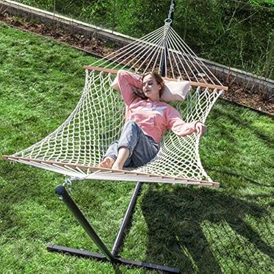 PNAEUT Max 475lbs Capacity Double Hammock with Stand Included 2 Person Heavy Duty Traditional 2 People Rope Hammocks… 61h31jhSabL