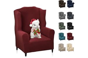 MAXIJIN Wingback Chair Covers 1-Piece Stretch Wing Chair Covers Soft Thick Wingback Armchair Slipcover Non-Slip High Back Chair Furniture Protector Washable (Wing Chair, Wine Red)