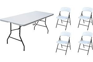 Plastic Development Group Outdoor and Indoor 6 Foot Plastic Folding Banquet Table for Dining and Entertainment with 4 Folding Chairs, White