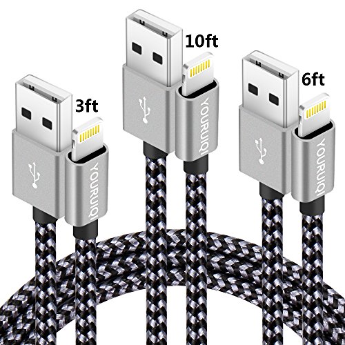 YOURUIQI iPhone Charger,3Pack 3FT/6FT/10FT Lightning Cable,8 pin Charging Cables USB Charger Cord,Compatible with iPhone X,8,8 Plus,7,7 Plus,6s,6s Plus,6,6 Plus,SE,5s,iPad and iPod (Blackgray)