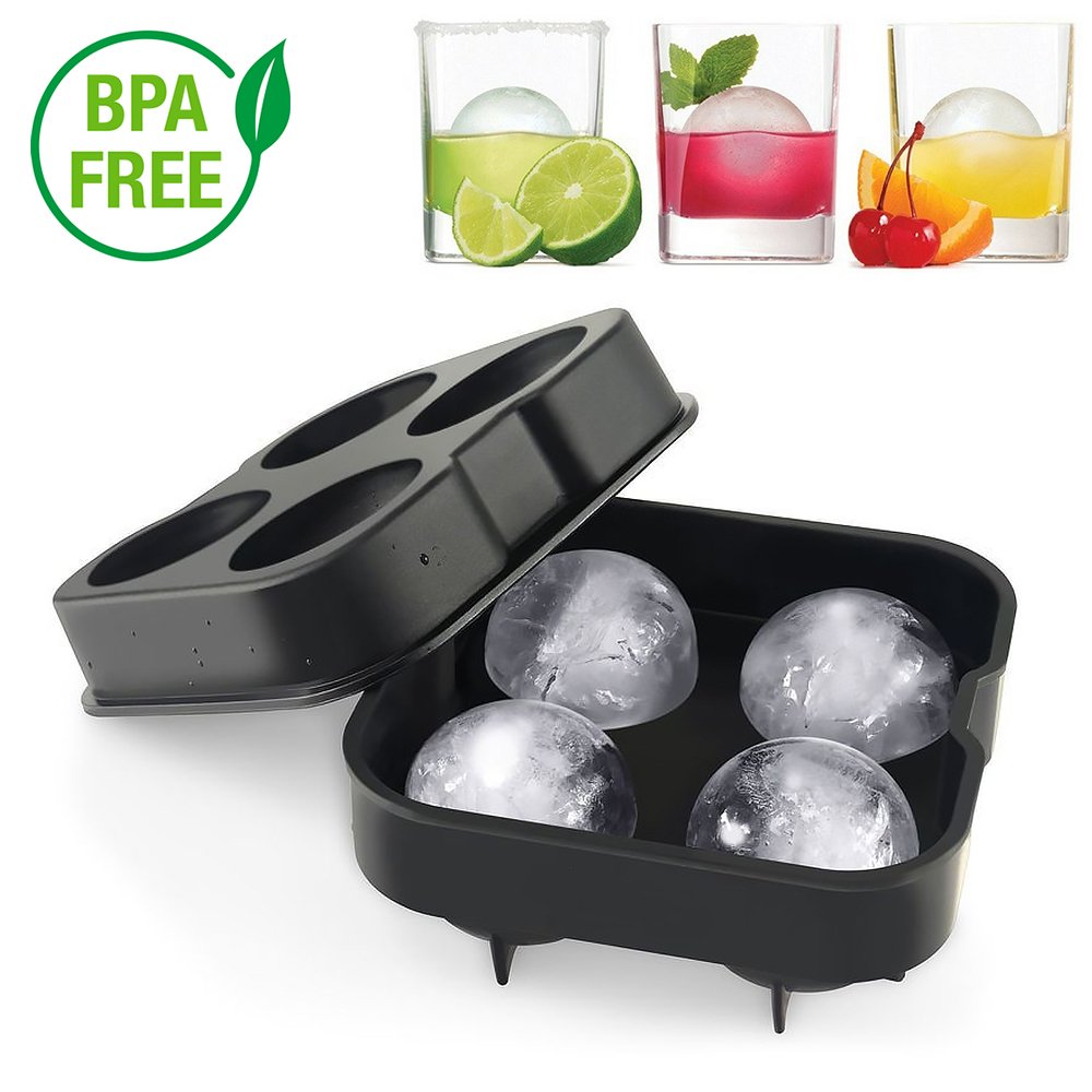 Domi Ice Ball Maker, Black Easy Flexible Silicone Ice Tray，4 Round Large Sphere Ice Molds with Lid & Big Ice Cube Molds for Whiskey/ Cocktails / Bourbon/ Keep Drinks Colder Longer Than Ice Cubes -- FD
