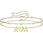 Fohufo Dainty Heart Initial Bracelets for Women - 14K Gold Plated Heart Initial with Pearls Bracelet Jewelry set, Personalized Birthday Gifts for Women