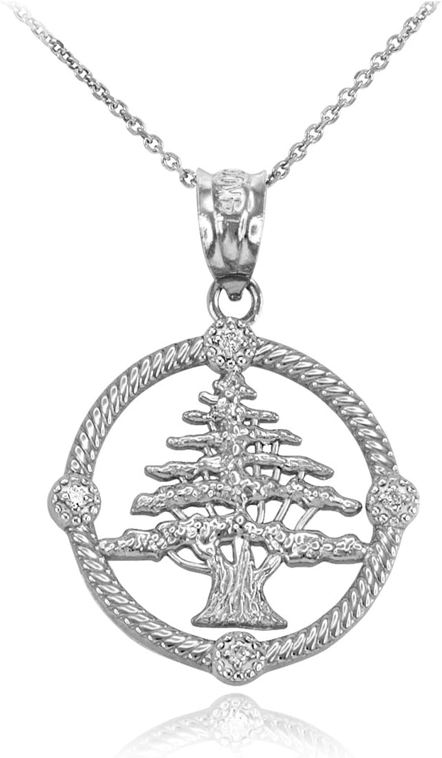 Lebanese Jewelry10K White Gold Cedar Tree of Lebanon Diamond Pendant Necklace