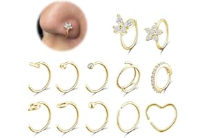 12PCS Hoop Nose Rings for Women, 14K Gold 20G Hypoallergenic Surgical Stainless Steel Nose Rings Small Heart Butterfly Flower