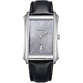 BERNY Mens Business Casual Quartz Watches Stainless Steel Case with Leather Strap Rectangular Watches for Men (Black, White, Grey, Rose Gold)