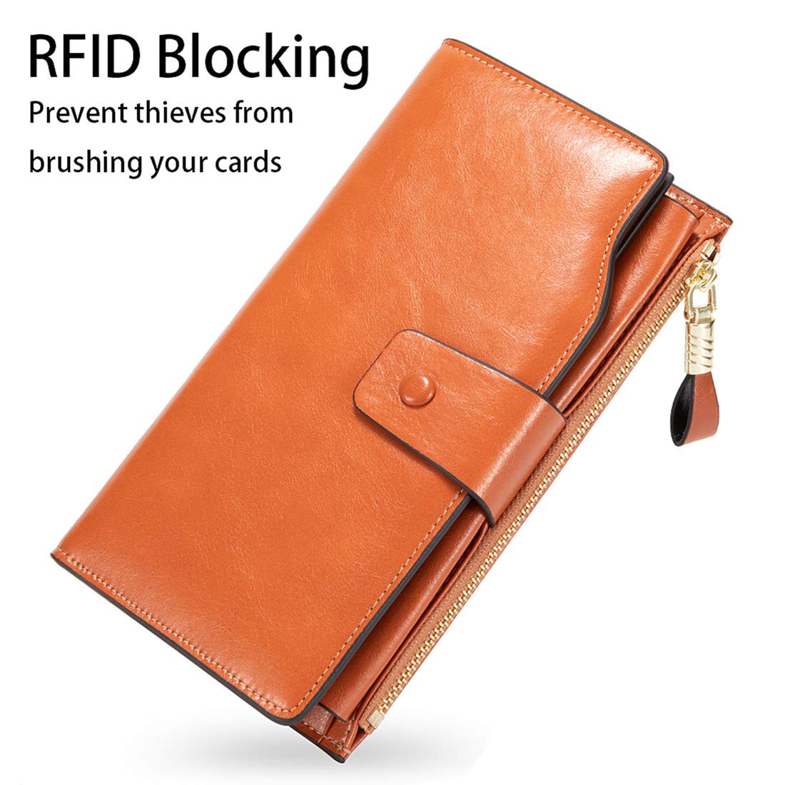 Women\'s Wallet, RFID Blocking Large Capacity Clutch Purse, Genuine Leather Card Holder, Brown