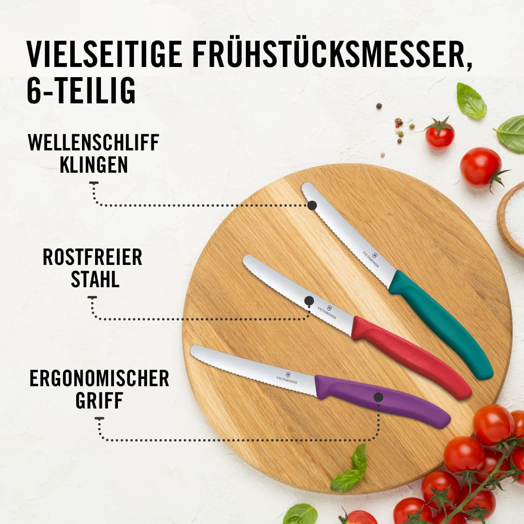 Victorinox Swiss Classic, Frühstücksmesser, Brötchenmesser Set 6teilig, Scharfe Klinge, Wellenschliff, 11 cm, Rostfreier Stahl, Farbig 3