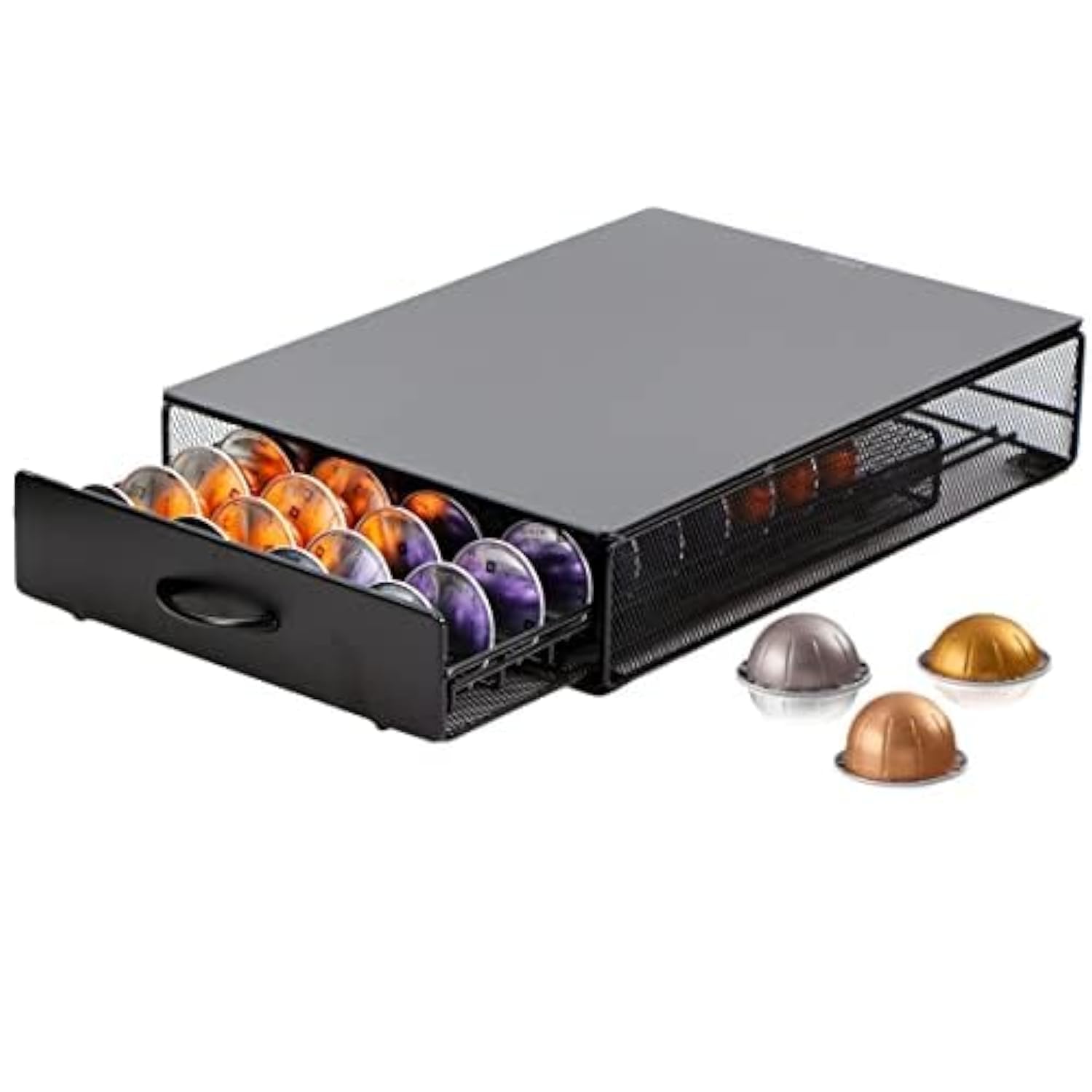 EXZACT Coffee Capsule Drawer Compatible with Vertuo, Not Sold or Created by Vertuo, Max Capacity 40 Pod - Machine Stand Matte Finish Top, Pods Storage Holder Dispenser