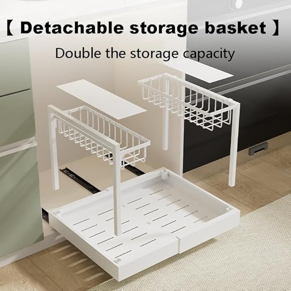 UNDER CABINET ORGANIZER RACK, WHITE METAL 2-TIER STORAGE SHELF, EXPANDABLE 32-52CM WIDTH, MODERN STYLE, KITCHEN COUNTER ORGANIZATION WITH HARDWARE