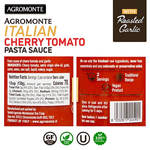 Agromonte Authentic Italian Cherry Tomato Pasta Sauce (Roasted Garlic)- Taste of Italy Gourmet Foodie and Chef Gift - Certified Kosher, Gluten-Free, All Natural (4 pack)