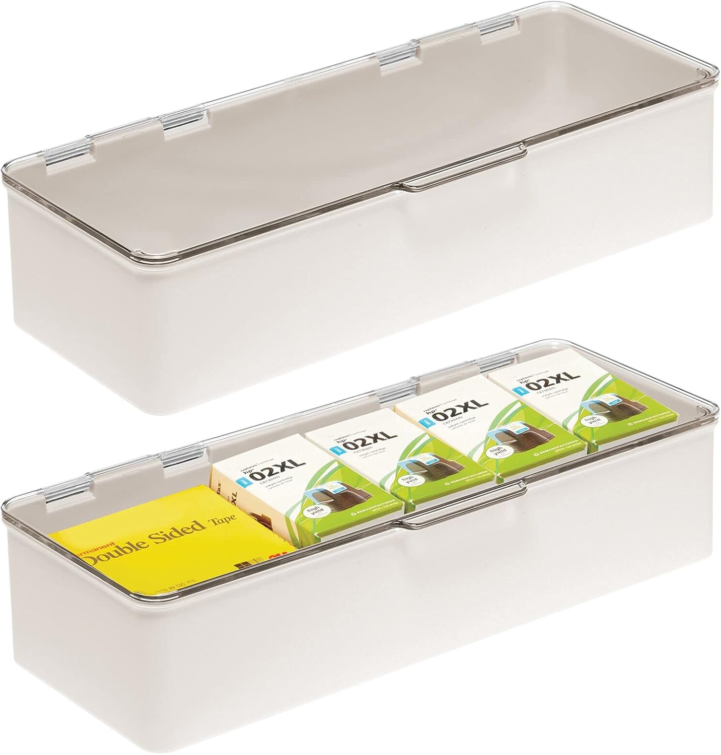 mDesign Plastic Stackable Box Home, Office Supplies Storage Organizer Box with Attached Hinged Lid - Holder for Note Pads, Gel Pens, Staples, Dry Erase Markers, Tape - 2 Pack - Cream/Clear : Office Products
