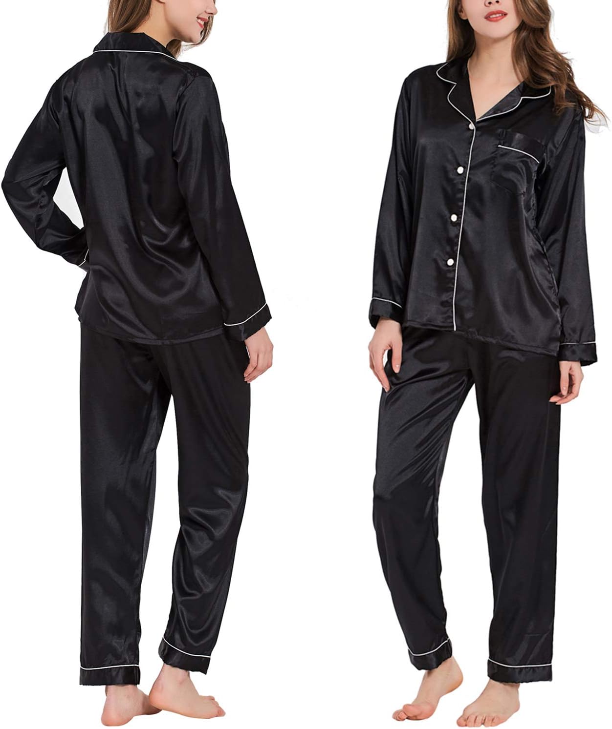 Ladieshow Women Pajamas Satin Ladies Pj Set Long Sleeve Sleepwear Two Piece Set