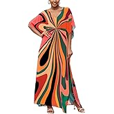 IMAGEKOPE Moroccan Print V-Neck Batwing Kaftan Women's Plus Size Loose Fit Beach Dress Bathing Suit Cover Up Loungewear