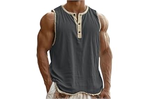 Yihaojia Men's Cotton Linen Tank Tops Sleeveless Workout Shirts Muscle Fit Henley Shirts Summer Casual Beach Vacation Tees