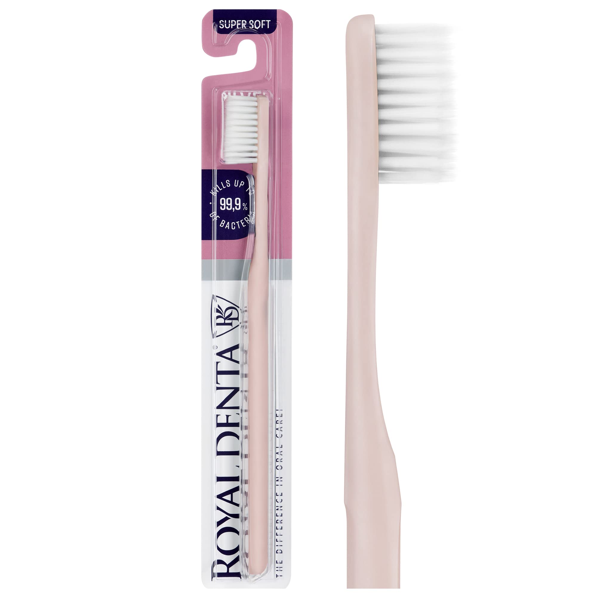 Royal Denta Super Soft Toothbrush for Adults, Extra Soft Bristle Manual Toothbrush with Dual Length Silver Infused Bristles for Sensitive Teeth & Gums, Gentle Plaque Removal, Made in Korea (Pink)
