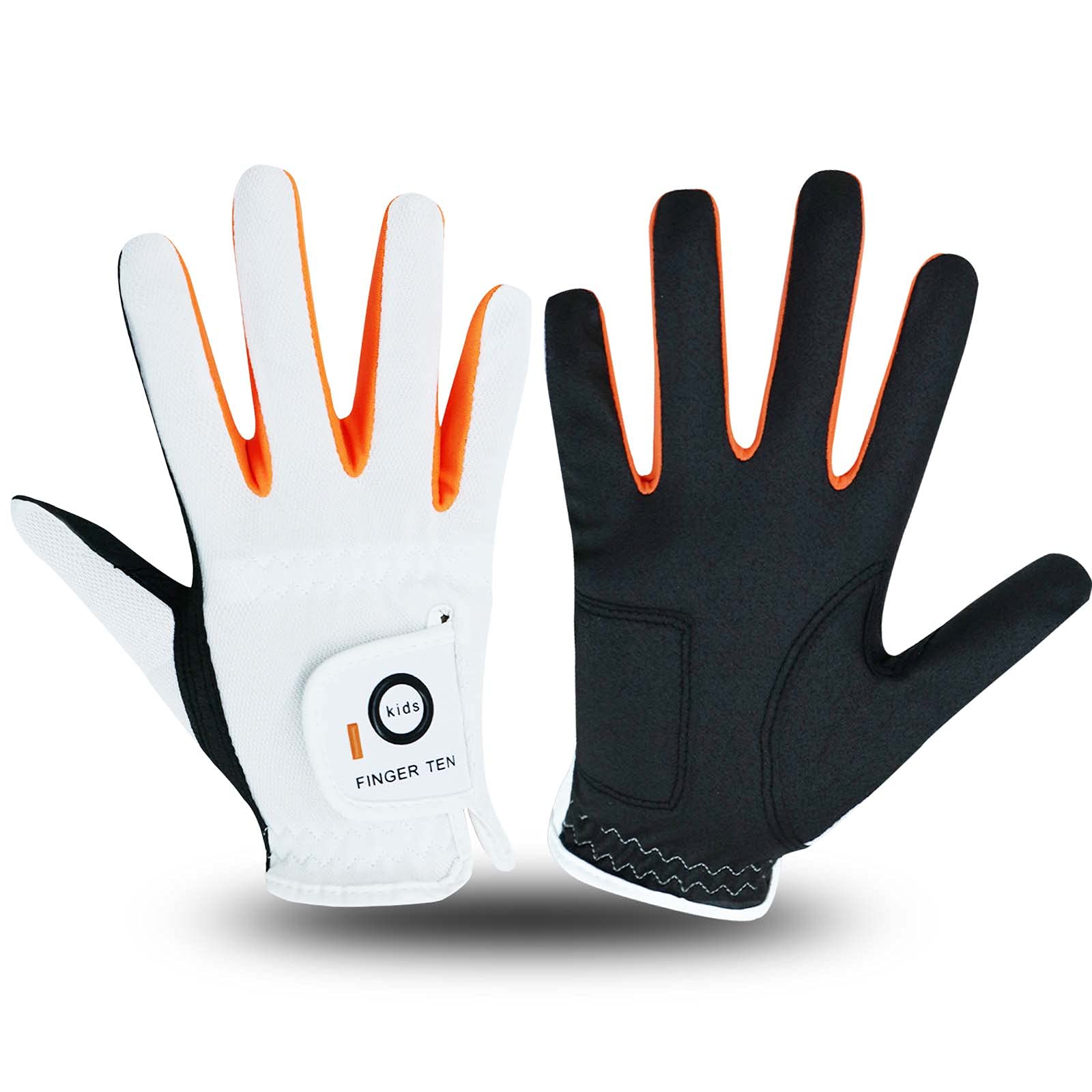 FINGER TEN Golf Gloves Kids All Weather Soft for Left and Right Hand Rain Grip Breathable Value Pair, Golf Gloves for Girls Boys Wear-Resistant Non Slip Comfortable (White/Black, X-Large)