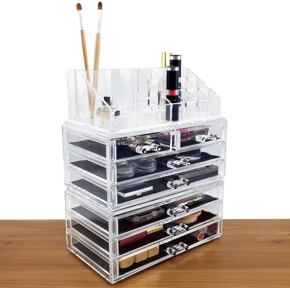 Ikee Design Cosmetics Makeup and Jewelry Storage Case Display for Lipstick, Nail Polish, and Makeup Brushes, Cosmetic Jewelry Organizer Makeup Holder, Cosmetic Organizer for Vanity, Clear: Home & Kitchen