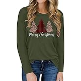 Women's Merry Christmas Shirts Funny Leopard Plaid Tree Graphic Cute Long Sleeve Crewneck Tees Tops