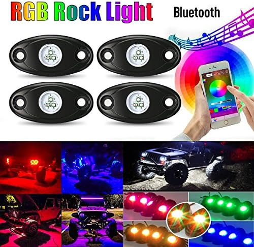 Qauick 4Pcs Pods Car RGB LED Rock Underglow Lights Kit Underbody Waterproof Trail Rig Neon Lights Kit with Cell Phone APP Mini Blue tooth Control for JEEP Off Road Trucks Car ATV SUV Vehicle B