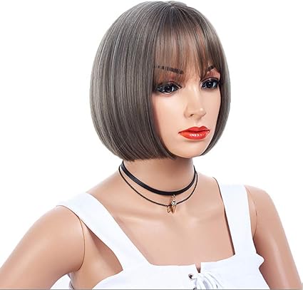 Short Bob Wig For Women With Bangs Linen Grey Cosplay Party Daily