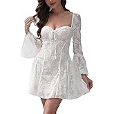 xxxiticat Women's Floral Lace Mini Dress Long Sleeve Square Neck Flower Pleated Swing Hem Layered White Fairy Short Dress