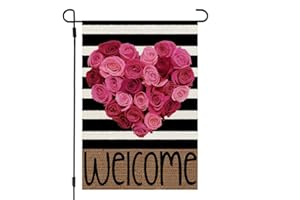 CROWNED BEAUTY Valentines Day Pink Rose Heart Garden Flag 12x18 Inch Double Sided for Outside Small Welcome Burlap Stripes Yard Flag