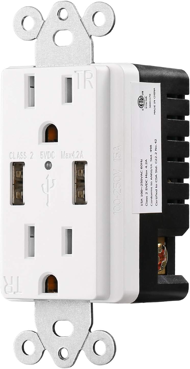[2 Pack] USB Outlet, USB Charger Wall Outlet Dual High Speed 4.2 Amp USB Ports with Smart Chip, 15A/125V Tamper Resistant Electrical Outlet Receptacle, Screwless Wall Plate, ETL Listed, White - - 