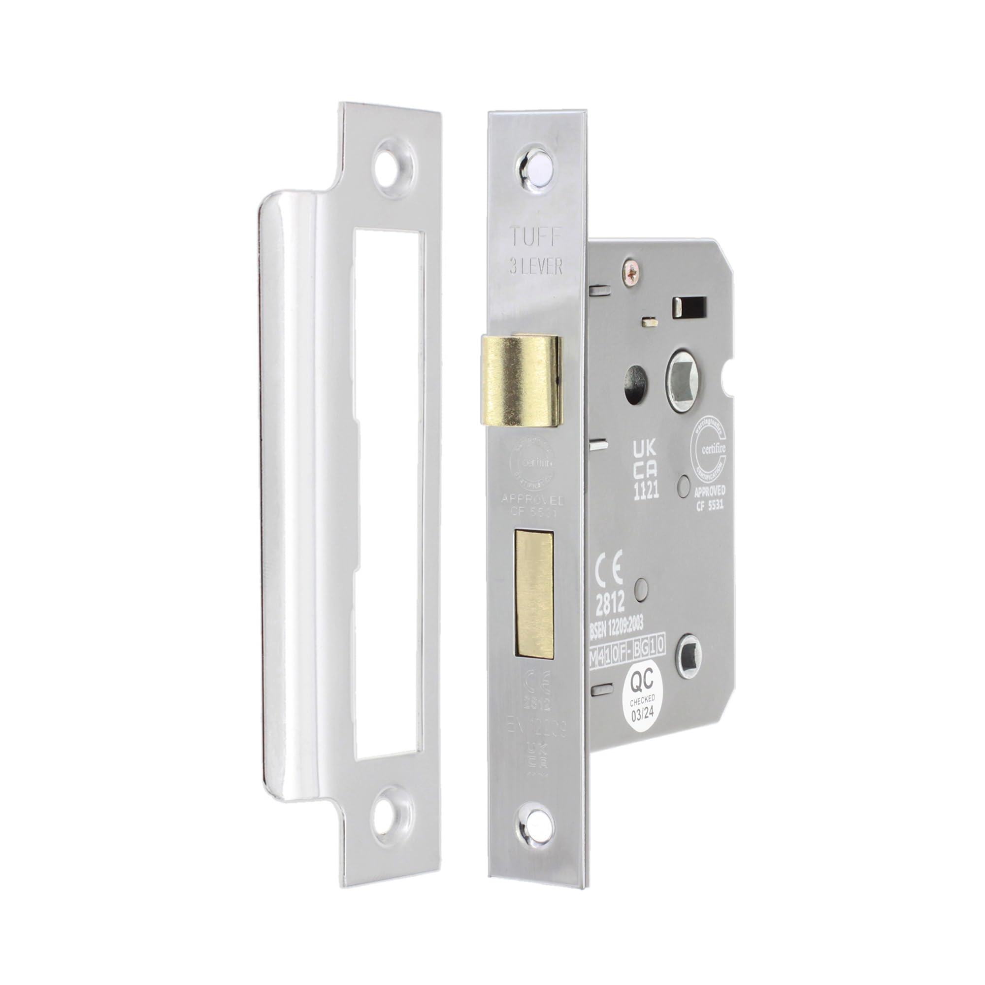 3 Lever Polished Chrome Mortice Bathroom Lock 65mm, Bathroom Door Lock for Internal and External Doors, Reversible Catch, CE Approved and Fire Rated Protection