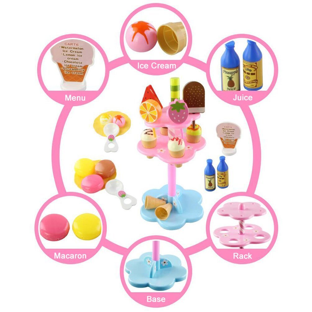 Role Play Toy 22 PCS DIY Desserts & Ice Cream Lolly Stand Pretend Play Set Food Toys House Toys for Children Girls Aged 3 and Up