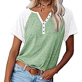 Womens Shirts Summer Henley V Neck Color Block Tshirts Raglan Short Sleeve Casaul Trendy Tops