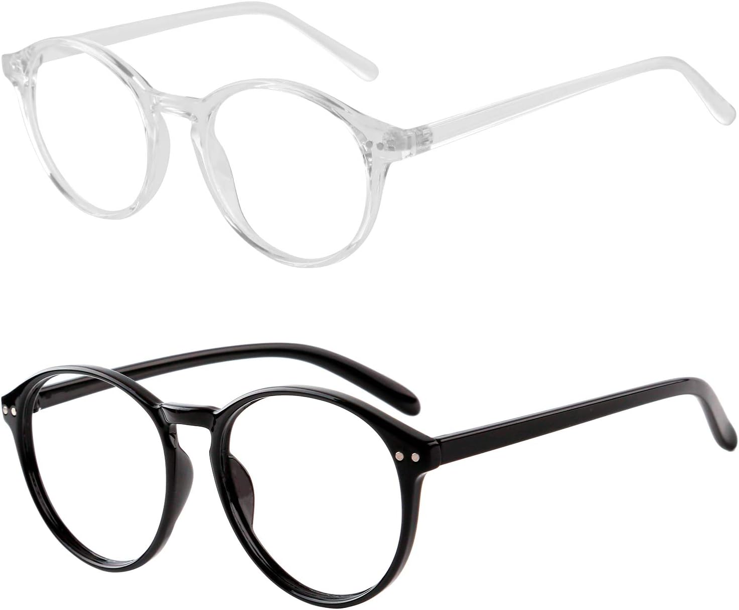 Elimoons 2 Pack Blue Light Blocking Glasses Round Stylish HD Clear Lens Glasses, PC Gaming Computer TV Gogy Glasses, Anti Eyestrain/Glare/Headache Eyeglasses for Women Men (Black/Transparent)