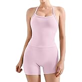 SUUKSESS Women 2 Piece Workout Sets High Waisted Tummy Control Biker Shorts Halter Padded Tank Tops