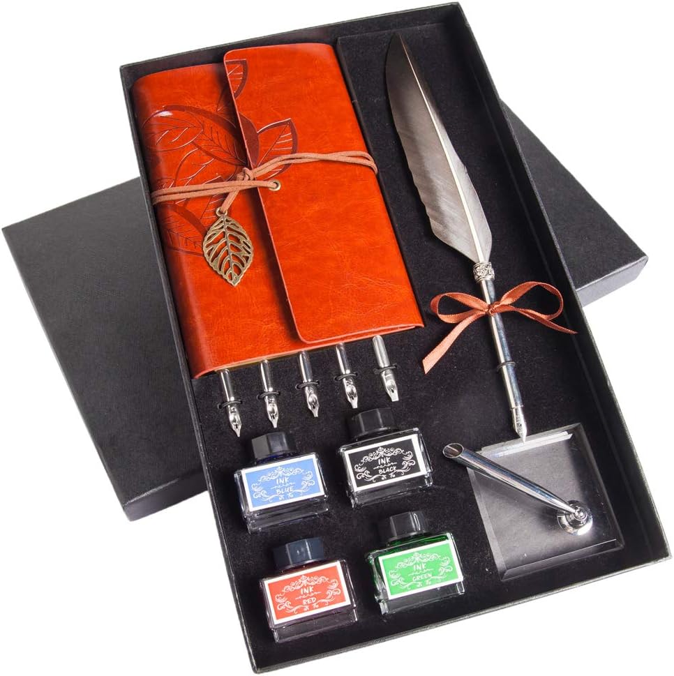 Hethrone Quill Dip Pen Calligraphy Feather Pen Ink Set with Notebook and Pen Holder in Gift Box