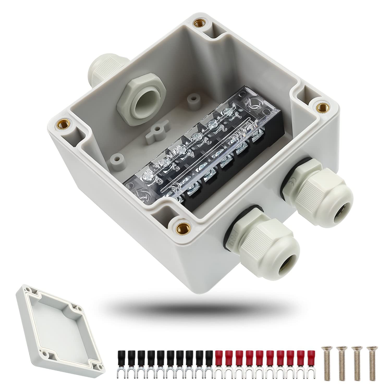 WJUAN IP66 Waterproof Junction Boxes, White 3-Pole Cable, Plug with Screw Terminal Strip and Y- Cold-Pressed Terminal, PG9 Outdoor Project Box for Ø 4-8 mm Cable (82 x 80 x 56 mm)