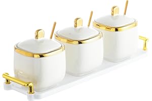 EABOSON 3 Pack Gold Condiment Spice Jars with Lids, Spoons, Tray - Ceramic Seasoning Box Set for Salt, Pepper, Sugar - Kitchen Storage