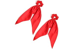 LFOUVRE Pack of 2 Knotted Bow Hair Scrunchies Elastic Hair Scarf Black Hair Ties Bands Satin Hair Ribbon Scrunchy Red Ponytail Holder for Women and Girls (Red)