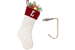 VRFASHION Christmas Stockings with Initials, Letter L Embroidered Xmas Stockings, 18" Large Monogram Knitted Xmas Stocking, Christmas Party Fireplace Family Hanging Stocking Decorations 1Pcs White-Red